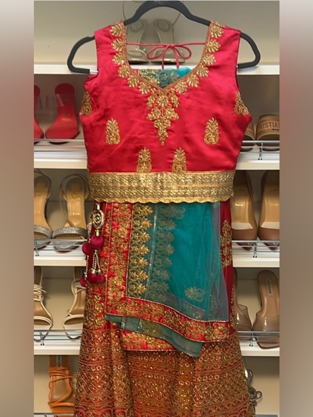 Red and Teal Embroidered Festival Lehenga.
